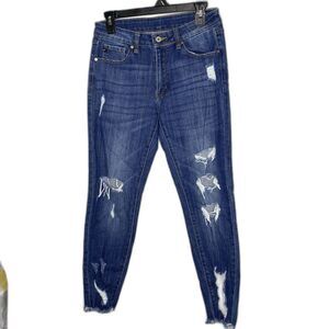KANCAN Jeans Ankle Skinny Stretch Distressed Mid Rise Dark Denim Women 9 28 Blue